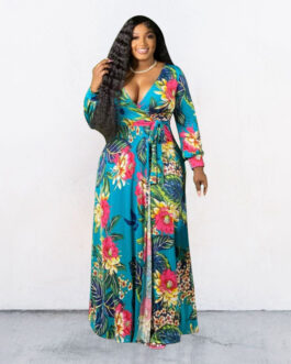 Plus Size Summer Floral Leaf Print Loose  Dress with Belt