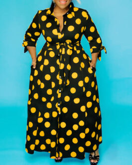 Plus Size Shirt Long Sleeve Dotted Prints Dress