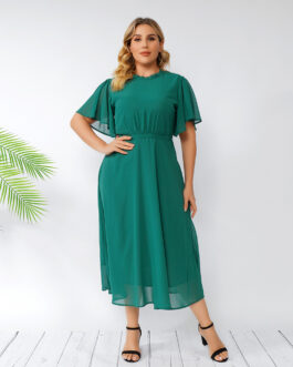 Plus Size Summer  Women Green Dresses Flare Sleeve Ruffles Backless Chiffon Dress
