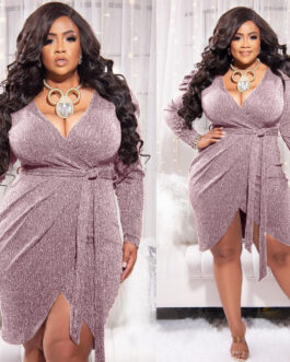Plus Size Deep V Plunge Plunge Long Sleeve Dress Women Bright Silk Lace-up Sheath Sexy Mini Dress