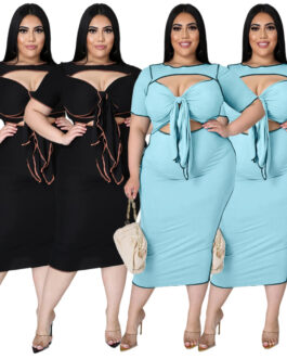 Plus Size Women Solid Color Reverse Side Hollow Out Cutout out Strap Dress