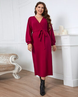 Popular Spring Autumn V neck Long Sleeved Red Slim Fit Jumpsuit Dress