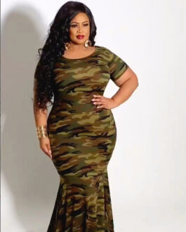 Plus Size New Platform  Camouflage Print Short Sleeve Sexy Fishtail  Dress