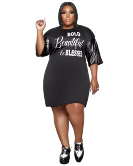 Plus Size Women Nightclub Uniforms Stitching Letter Graphic Leather Sleeve T-shirt Dress