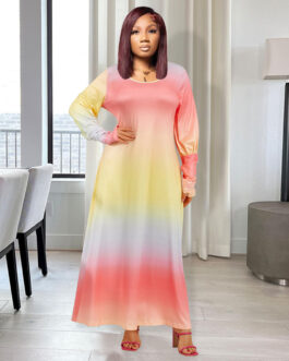 Plus Size Women Clothes Fall Winter Casual Gradient Mixed Color Dress Women