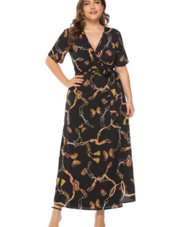 Plus Size Plus Size Summer  Leopard Print Dress Maxi Dress Bohemian V neck Beach Dress