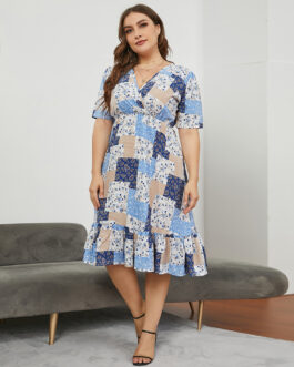 Plus Size Plus Size New  Women Clothing V neck Slimming Short Sleeve Elastic Dress