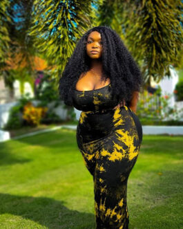 Plus Size Spring round Neck Dress Black Pencil Dress -Style Mid-Length Waist Trimming Printing Dress