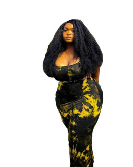 Plus Size Spring round Neck Dress Black Pencil Dress -Style Mid-Length Waist Trimming Printing Dress