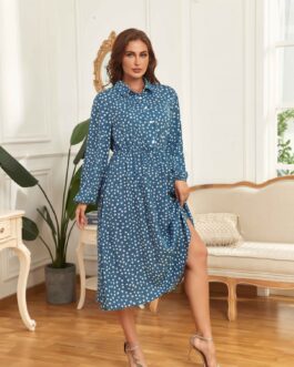Plus Size Women Dress Polka-Dot Loose-Fitting Long Sleeve Group