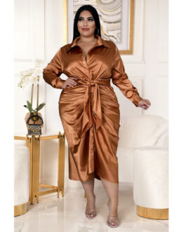 Plus Size Nightclub Uniforms Reflective Silk Pleated Lace-up Shirt Dress
