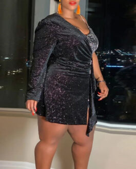 Plus Size New Fashion Flannel Sequin Twill Sheath  Dress for Women Glitter