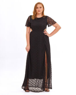 Plus Size Spring Summer  Sexy Hollow Out Cutout Girls Slim Lace Short Sleeve Dress Long Dress