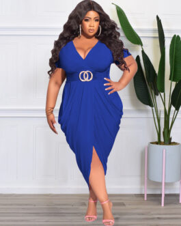 Plus Size Solid Color Deep V Plunge Plunge Sexy Tight Split Long Women Dress