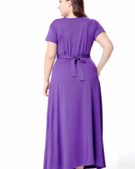 Plus Size Women Clothes Summer V neck Waist Trimming Short Sleeved Knitted Dress