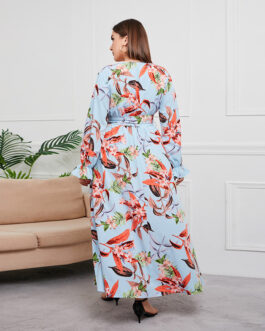 Plus Size Spring Autumn  Waist-Controlled Large Hem Maxi Dress V-neck Plant Floral Print Maxi Dress