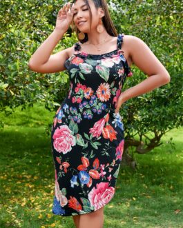 Plus Size New Women Lace Knitted Strap Floral Dress Summer Slimming