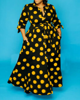 Plus Size Shirt Long Sleeve Dotted Prints Dress