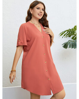 Summer V neck Buckle Loose Dress Women