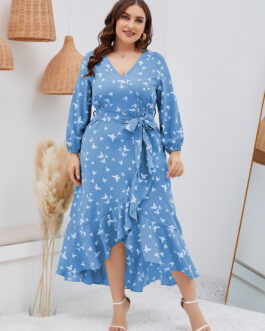Plus Size Ladies Autumn Sping Casual Dress Butterfly Print Ruffled Hem Long Sleeve Tied V-neck  Dress