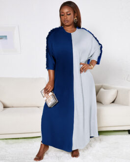 Plus Size Women Clothes Color Matching Lace Long Sleeve Dress Pullover Dress