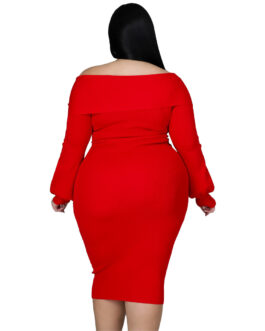 Plus Size Woman  Women V-neck Solid Color Midi Dress Sexy Dress