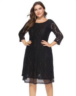 Plus Size Summer Autumn Women Clothes round Neck Lace Dress