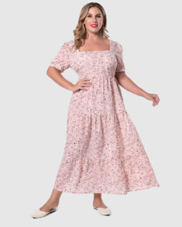 Plus Size Women U Collar Puff Sleeve Floral Dress Sweet Waist Trimming Maxi Dress