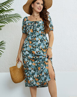 Plus Size Summer off Shoulder Slit Waist Trimming Dress