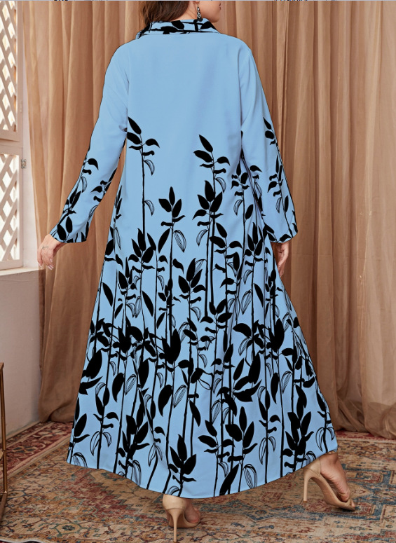 Loose Retro Colorful Shirt Collar Office Literary Floral Printing Dress Shirt Jumpsuit - Image 3