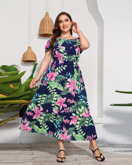 Plus Size Beach Holiday Long Beach Dress off the Neck Tube Top Color Printed Dress