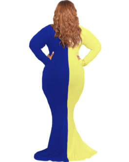 Plus Size Plus Size Color Contrast Patchwork V-neck Slim-Fit Long Sleeve Women Maxi Dress