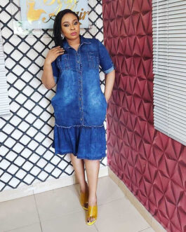Plus Size Women Clothing Women  Washed Denim Shirt Dress