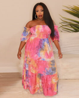 Plus Size Tie Dye Women Clothing Chubby Girl Dress Off The Shoulder Wipe