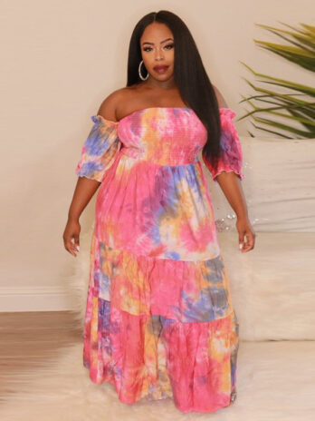 Plus Size Tie Dye Women Clothing Chubby Girl Dress Off The Shoulder Wipe