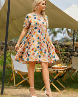 Plus Size Summer Urban Casual round Neck Short Sleeves Printed Multi-Layer Stitching Big Swing Dress Dress