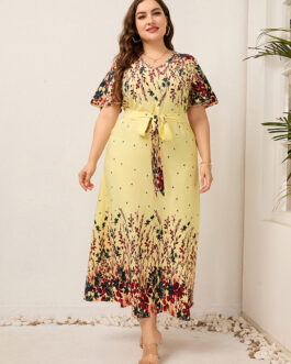 Plus Size Ladies  Bilateral Positioning Printed V-neck Lace up Casual Holiday Swing Dress