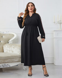Plus Size Long Sleeve Embroidered Cinched Dress Women
