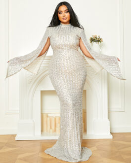 Plus Size Women Long Wedding Party Cocktail Light Luxury Sequined Evening Dress