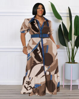 Plus Size Summer  Color Printing with Belt Loose  Women Clothing Dress