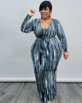Plus Size Women Clothing Spring Printing Dyeing U Collar with Belt Skinny Long  Dress