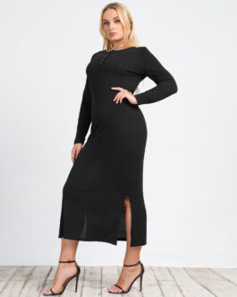 Plus Size Women  Clothing New Long Sleeve Split Knitted V-neck Sexy Slim Dress