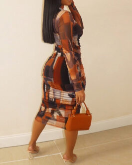 Plus Size Spring/Summer New  Long Sleeve Personalized Printed Hip Dress  Dress