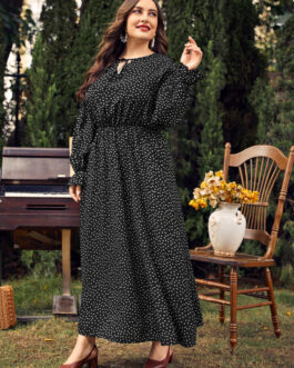 Plus Size Women Dress Polka-Dot Loose-Fitting Girls Long Sleeve Dress