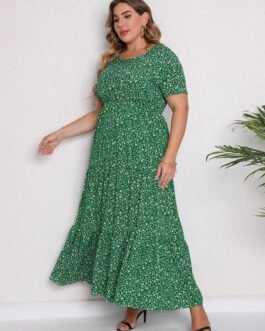 Plus Size Women Clothing Summer Short Sleeve round Neck Dress Maxi Dress