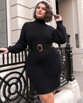 Casual Button Turtleneck Long Sleeve Sweater Dress round Neck Woolen Women Clothing