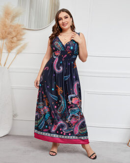 Plus Size Dress Deep V-neck Elastic Waist Girls Cinched Slimming Maxi Dress