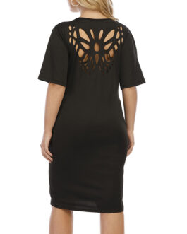 Plus Size Spring Summer Hollow Out Cutout Out Butterfly Simple Solid Color Short Sleeve T Shirt Dress Dress Women Clothing
