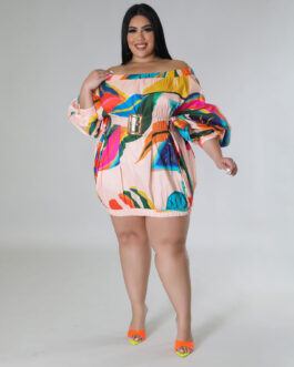 Plus Size Sexy Loose Women Wear Off Shoulder Printed Batwing Sleeve Short Dress