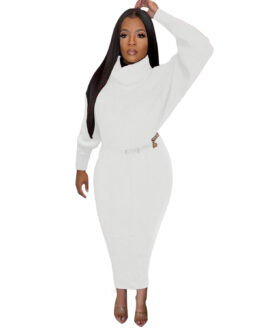 Plus Size Solid Color High Collar Knitted Dress Sweater Batwing Sleeve Sheath Maxi Dress Female